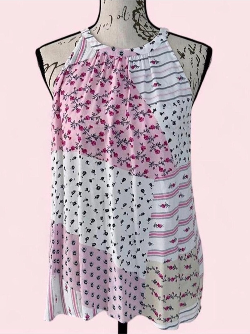 LOFT Flowy Halter Neck Floral Patchwork Sleeveless Swing Top